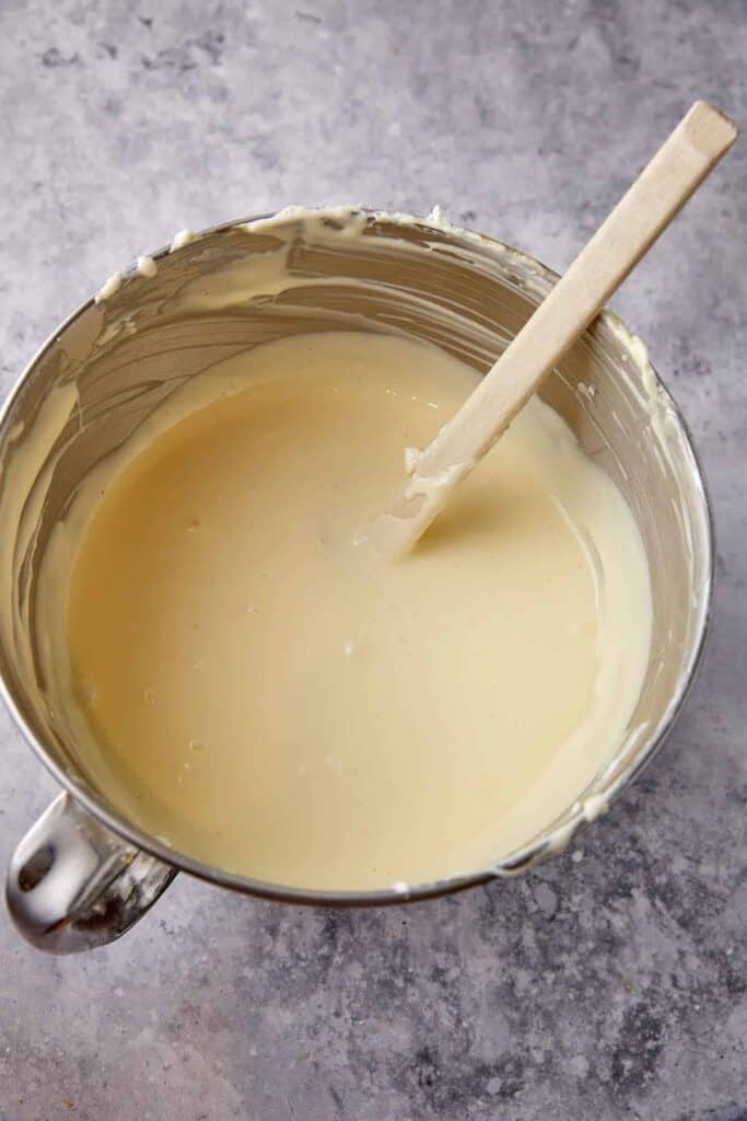 Plain cheesecake batter mixed until smooth in a stand mixer bowl before adding pumpkin.