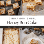 Pinterest collage with text overlay for Cinnamon swirl honey bun cake (no cake mix)