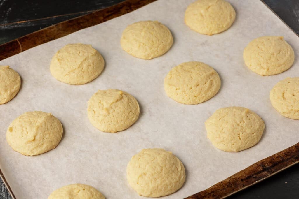 Baked cookies on a cookie sheet.